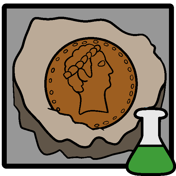  An ancient Denarius, a copper coin  with a man's head on it, embedded in a rock in a frame with a green beaker in the corner.